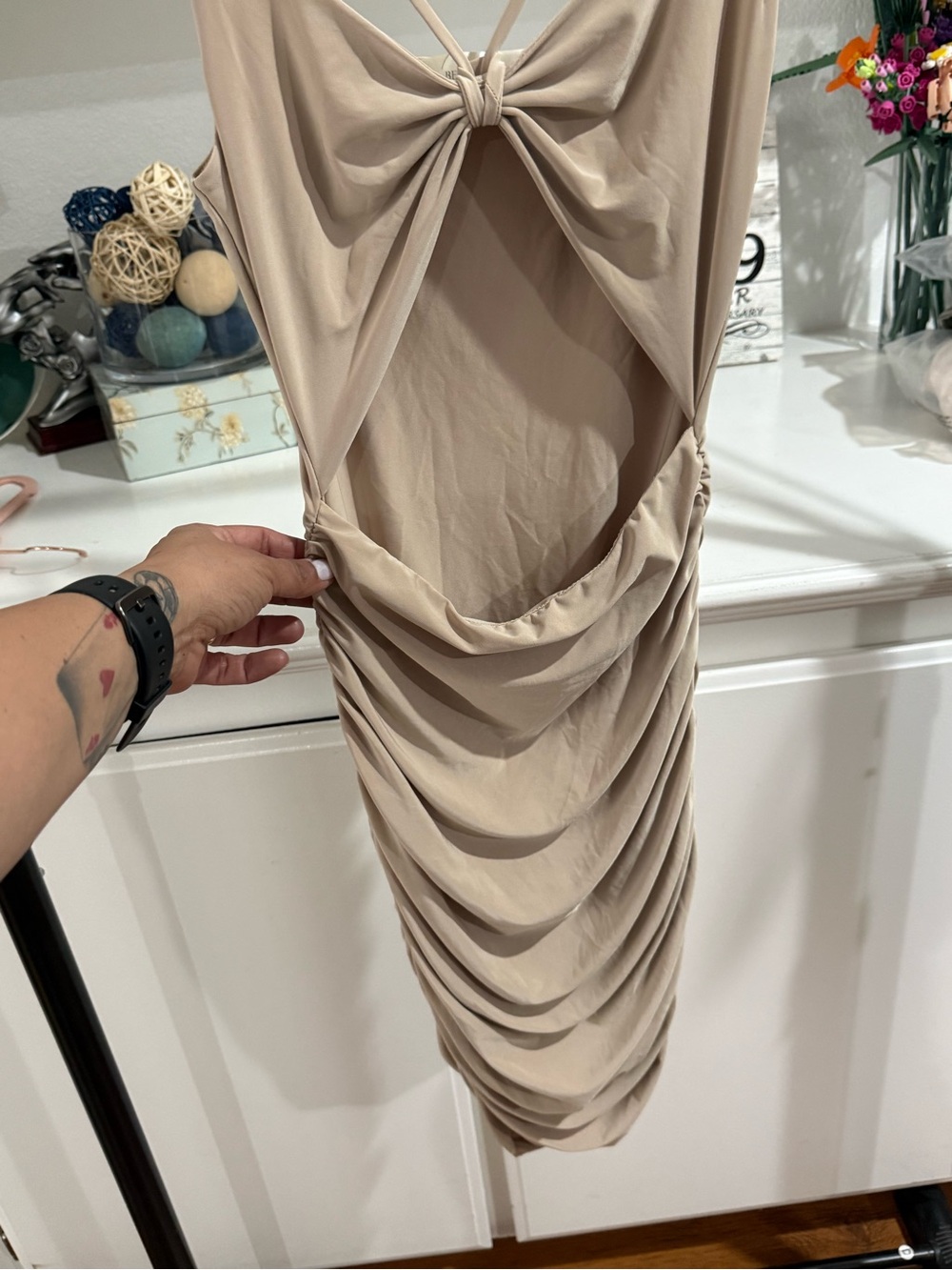 Beige Ruched Open-Back Women's Dress